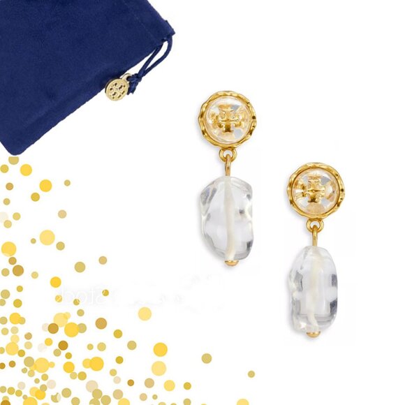 TORY BURCH Roxanne Stone & Logo Drop Earrings NWOT - Picture 1 of 8